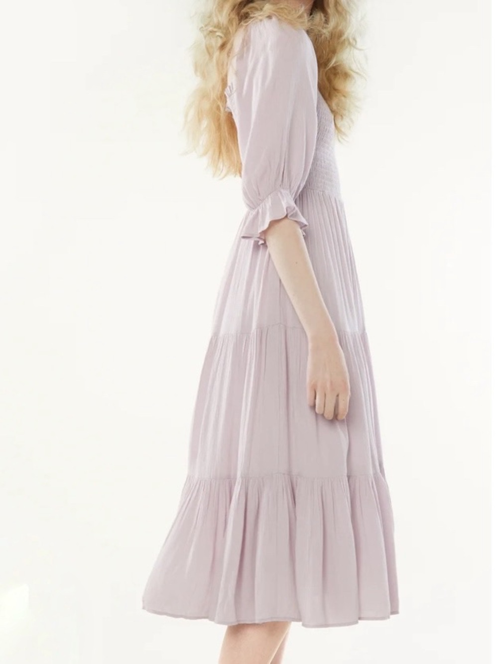 OAK + FORT Smocked Midi Dress Size XS Purple Pastel Tiered Ruffles Wedding Guest - Picture 2 of 10